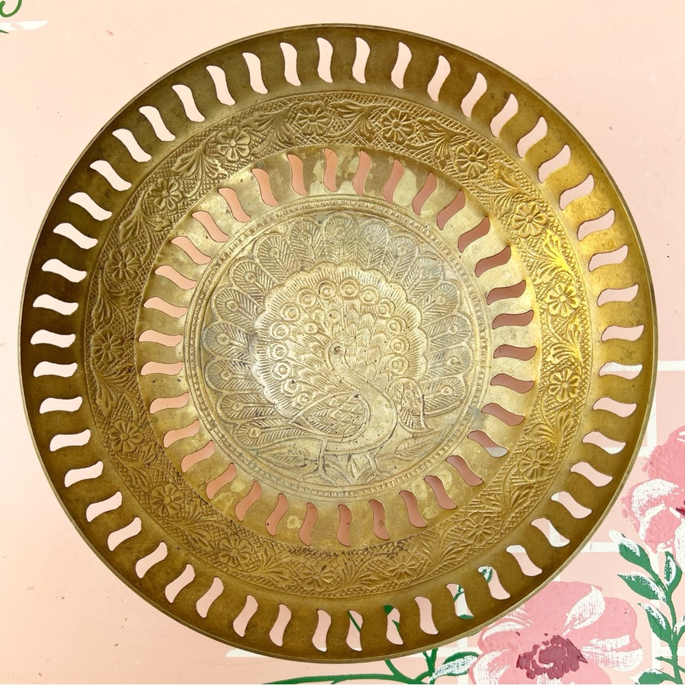 Vintage Brass Handcrafted Peacock Engraved Jali Cut Dry Fruit Bowl Plate Ornate